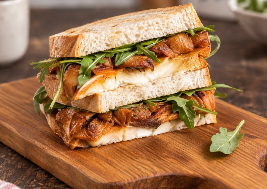 Sándwich sin gluten de carne guisada, queso fundido y rúcula sobre una tabla de madera